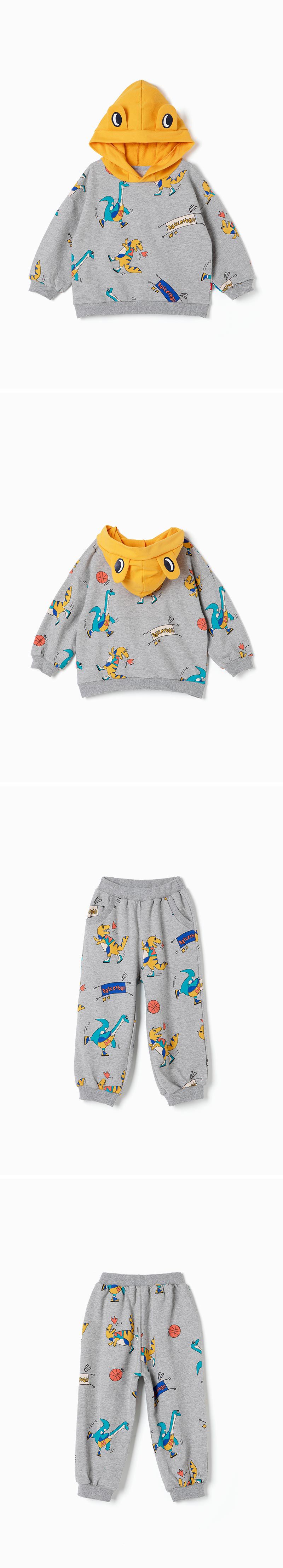 韓國 OZKIZ - 恐龍打籃球縮口連帽套裝-灰