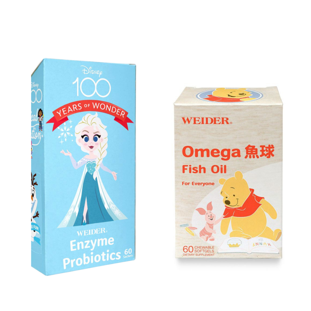 美國WEIDER - 益口酵益生菌(迪士尼100th冰雪版)-60包/盒*1+Omega 魚球-60顆/瓶*1