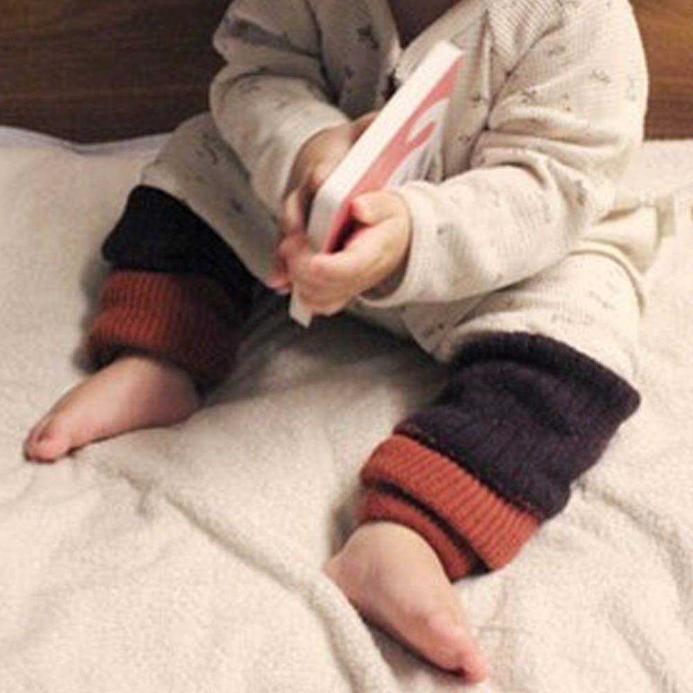 日本製 羊毛混絲綢保暖兒童襪套-磚橘x深紫 (F)