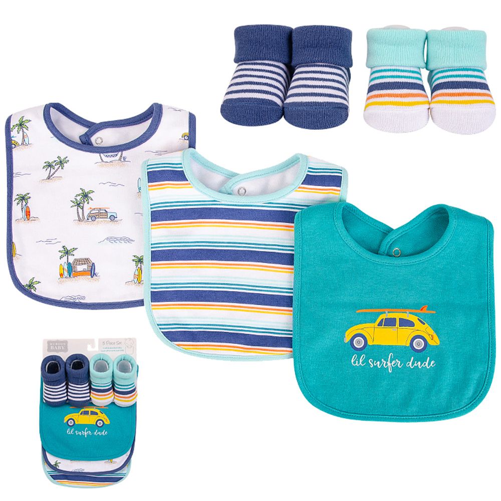 美國 luvable friends - 甜蜜寶貝嬰幼兒吸水口水巾圍兜與短襪組-衝浪季