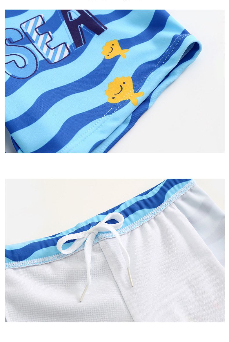 男寶童趣卡通圖短袖泳衣套裝(三件組)-潛水鯊魚-藍色-泳帽、泳衣、泳褲