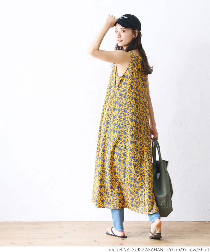 日本 COCA - 夏日繽紛碎花無袖洋裝-黃