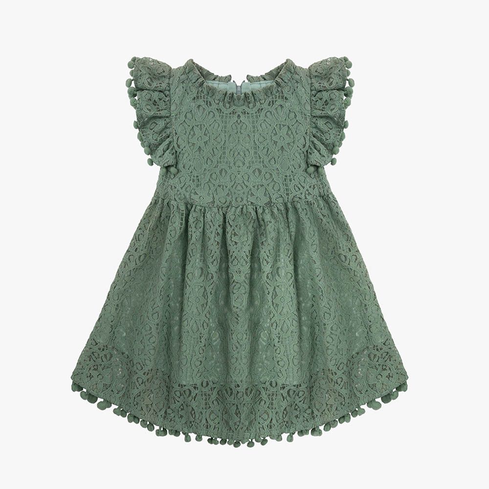 氣質簍空蕾絲小飛袖洋裝-綠色