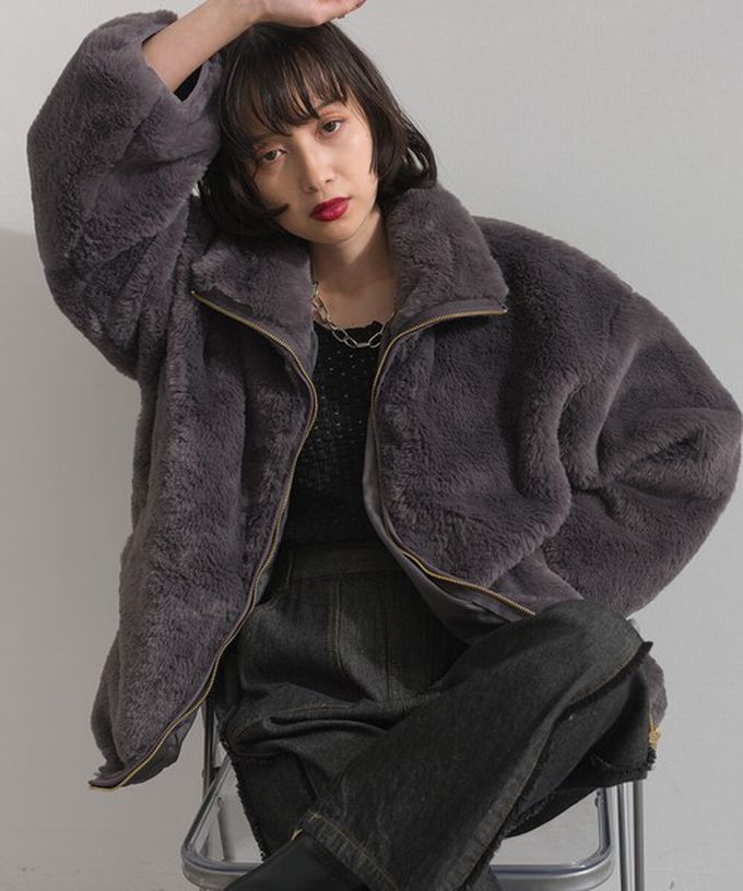日本 ELENCARE DUE - 奢華毛絨柔軟寬鬆保暖拉鍊外套-灰摩卡