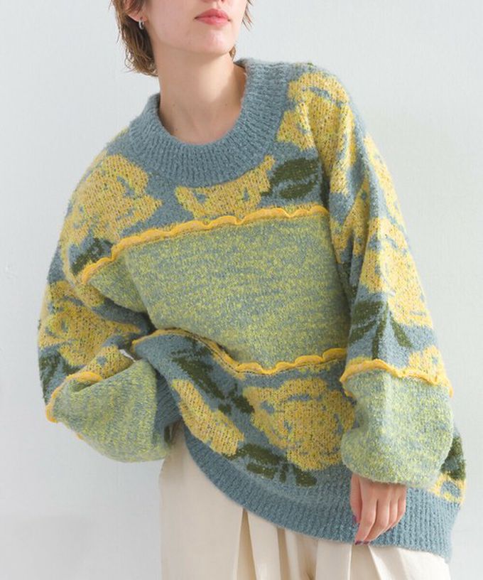 日本 Lupilien - 毛茸感華麗大花朵針織上衣-白x橘粉