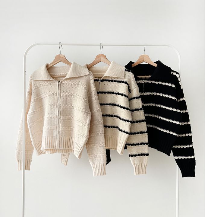 韓國女裝連線 - 勾線條紋針織翻領外套-黑底X米白 (FREE)