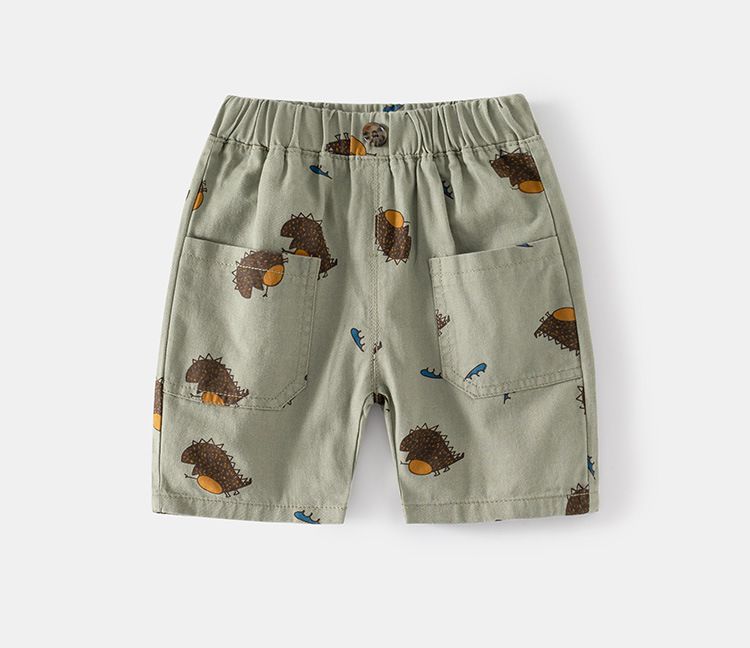 WELLKIDS - 腰鬆緊休閒五分褲-刺刺恐龍-軍綠色