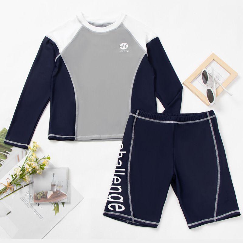 大童男孩長袖泳衣套裝(二件組)-拼色款-藍+灰+白-泳衣、短泳褲