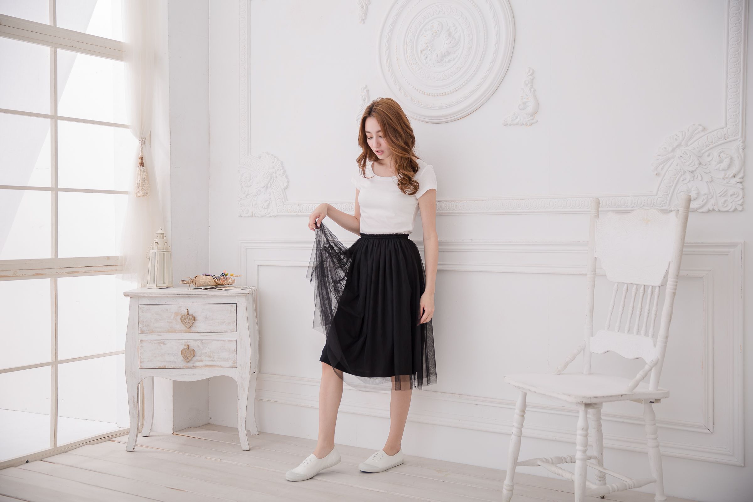 Peachy - 獨家訂製綿柔半身紗裙-半身中長版-華麗黑 (F)