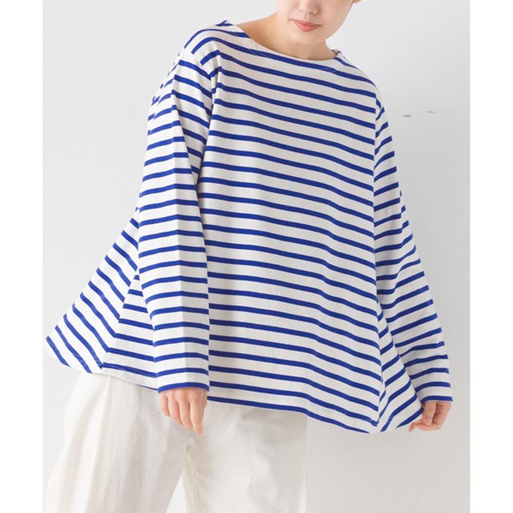 日本 OMNES - 定番 純棉柔軟A字寬版長袖上衣-藍色條紋