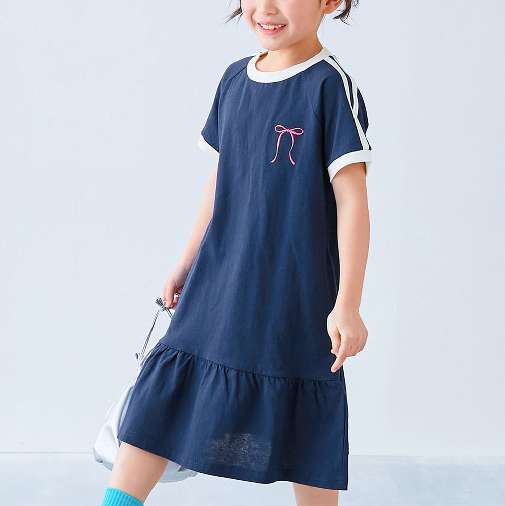 純棉舒適運動風短袖洋裝-刺繡蝴蝶結-海軍藍