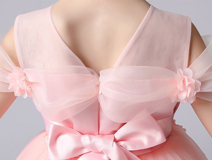 蝴蝶落肩袖網紗花朵小禮服-白色