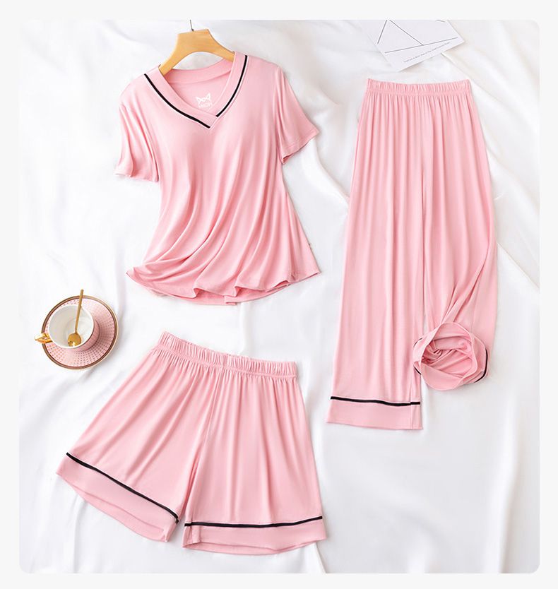 V領莫代爾Bra T短袖家居服套裝-短袖+短褲-紫粉色