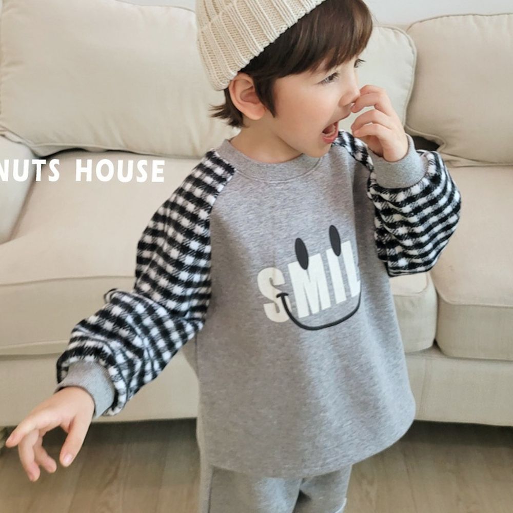 Peanuts House (內磨毛)SMILE拼接格紋長袖上衣-灰X黑
