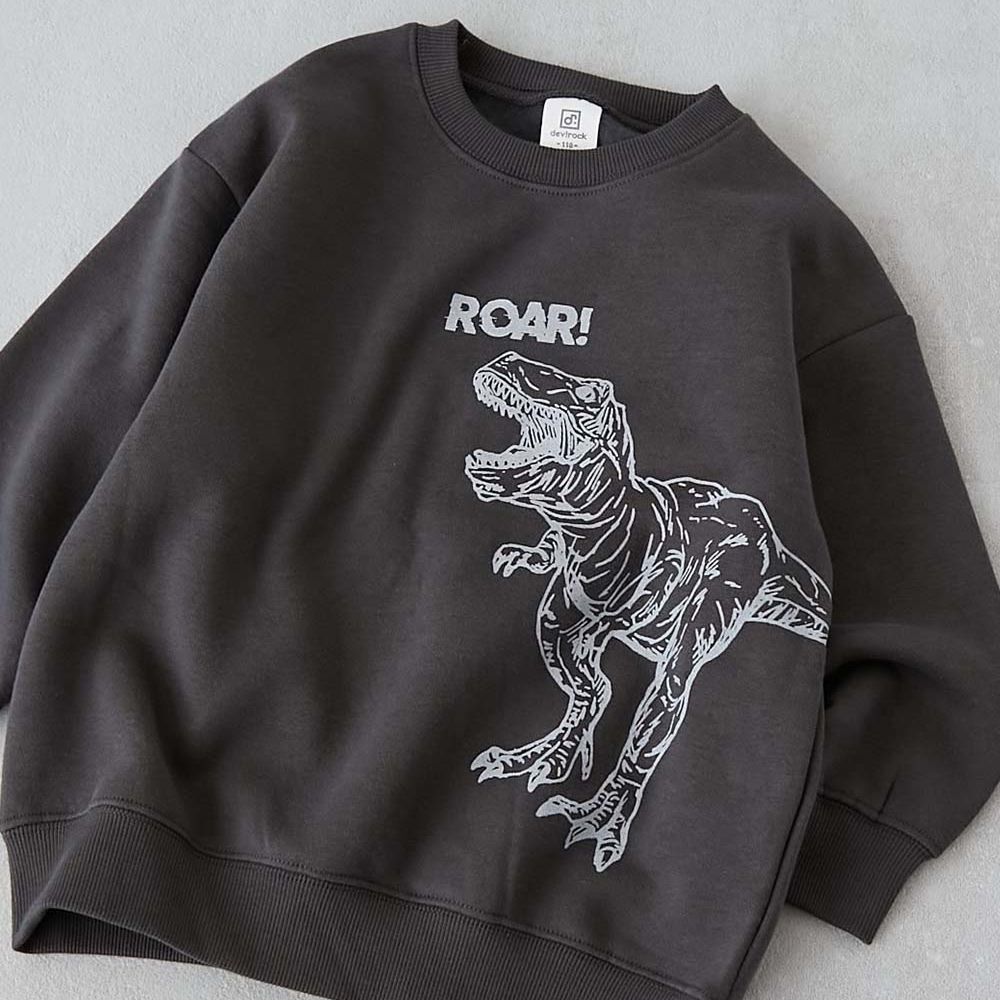 熱銷定番 裏起毛落肩大學長袖上衣-恐龍-灰黑