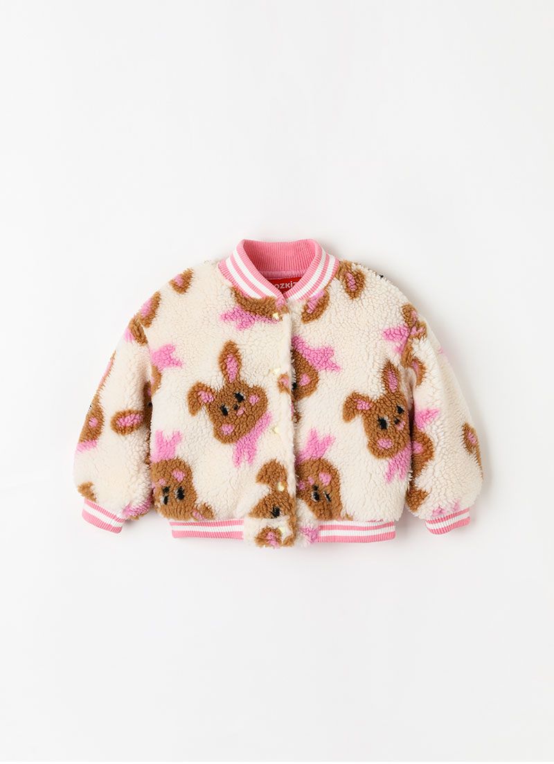 韓國 OZKIZ - 保暖毛絨絎縫內裡棒球外套-咖啡兔
