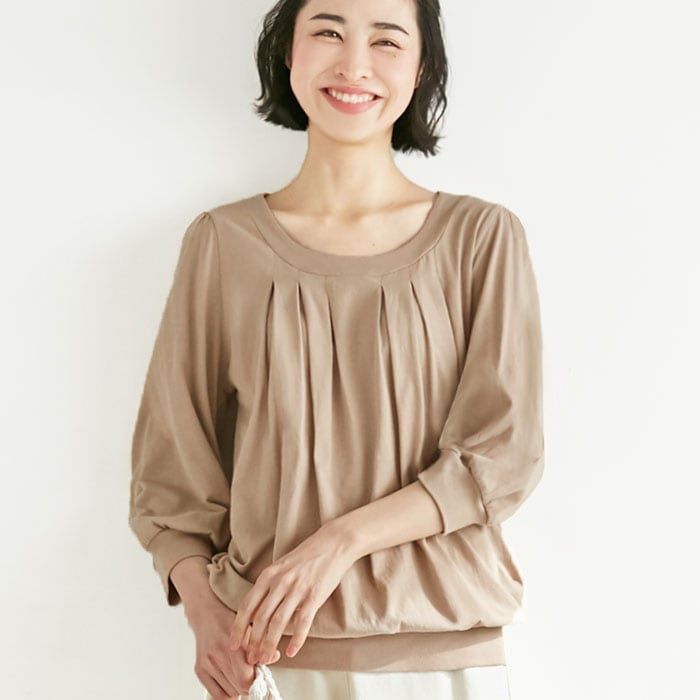 日本 BELLUNA - 100%棉柔軟抓皺長袖上衣-海軍藍