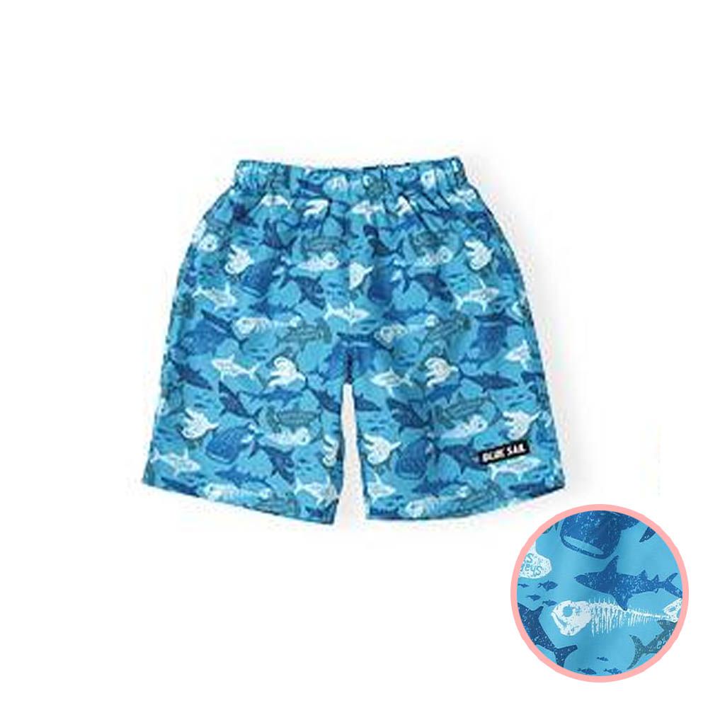 抗UV 童趣印花海灘褲／泳褲(含內褲)-鯨鯊-水藍