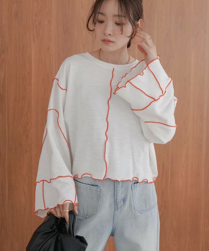 日本 Bab - 活力跳色感木耳邊大寬袖上衣-白x橘