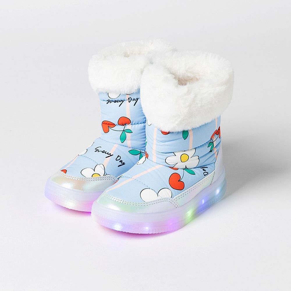 (LED)生活防水側拉鍊內刷毛雪靴-櫻桃花-天藍