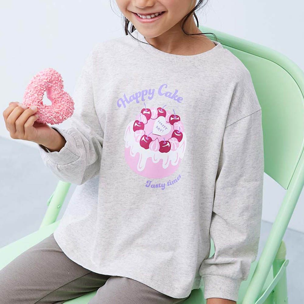 100%棉 定番女孩印花長袖上衣-蛋糕-燕麥