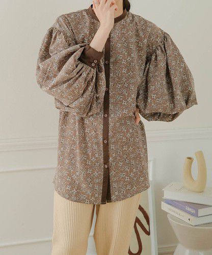 日本 Bou Jeloud - 森林碎花澎澎袖襯衫-摩卡