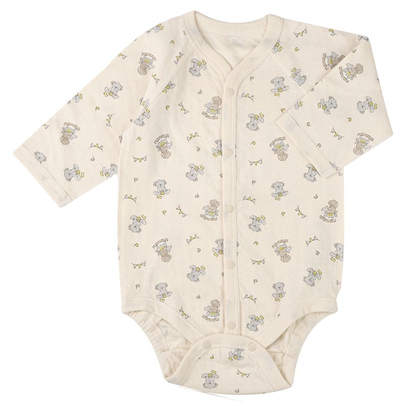 akachan honpo - 長袖前開式包屁衣-鬆軟棉-淺卡其色