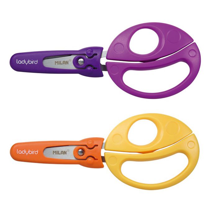 MILAN - 美勞用品組-水溶性色鉛筆12色+小瓢蟲學童安全可攜式剪刀(含刀柄套)_紫色+兒童專用變色口紅膠_孔雀