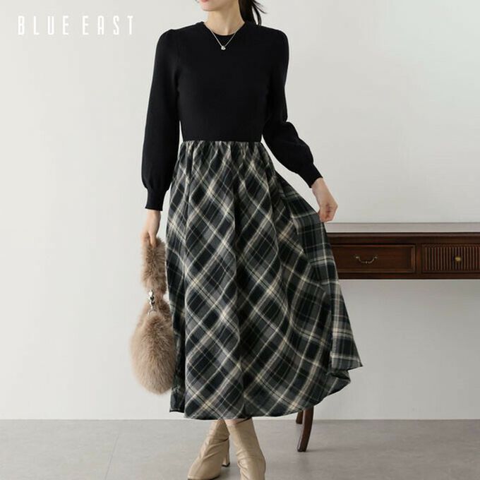 日本 BLUE EAST - 美型修身小澎袖針織長袖洋裝-格紋拼接-黑灰