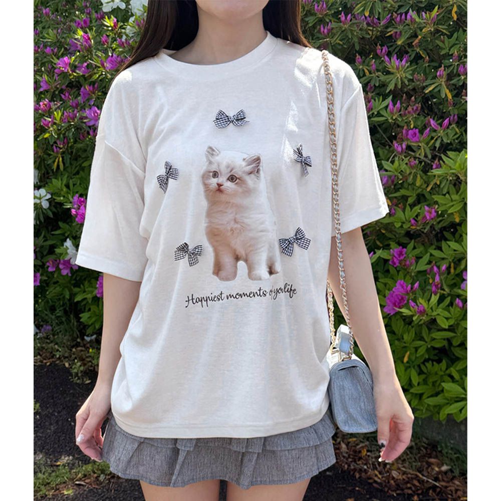 蝴蝶結裝飾可愛印花T恤-萌萌小貓-白 (F)