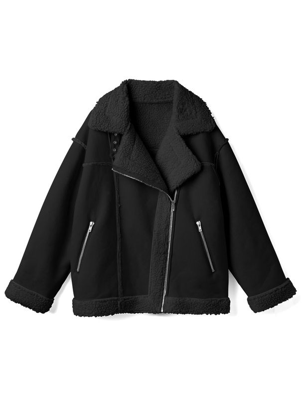 日本 GRL - 羊羔絨拼接寬版騎士夾克/外套-粉紫