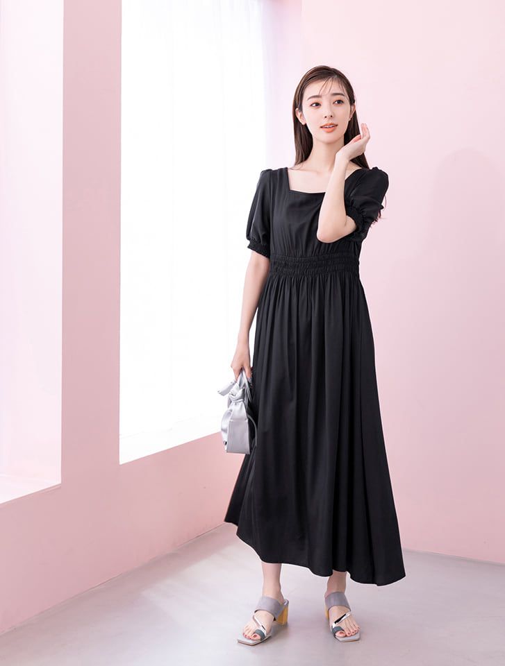 日本 fifth - 美背綁帶方領五分袖縮腰長洋裝-摩卡