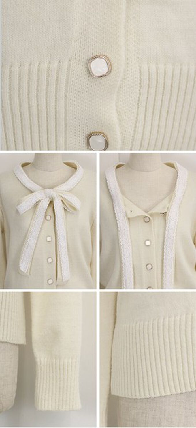 日本 BLUE EAST - 少女爛漫蕾絲蝴蝶結開襟衫-灰