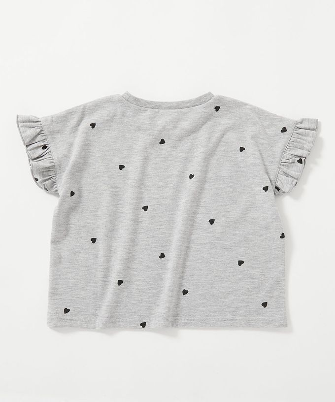 日本 devirock - 愛心印花荷葉邊短袖上衣-灰