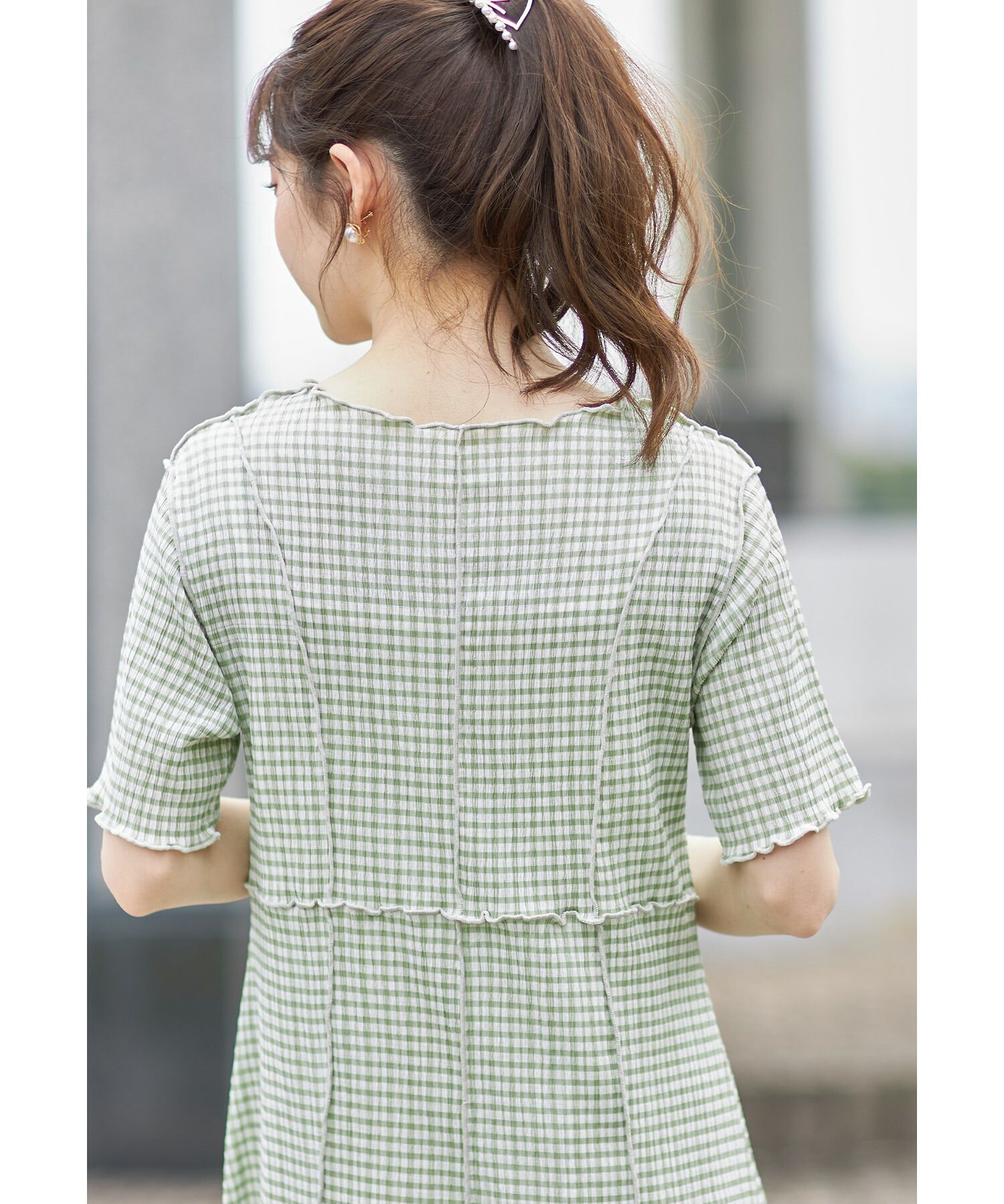 日本 tocco-closet - 修身線條五分袖洋裝-格紋-薄荷