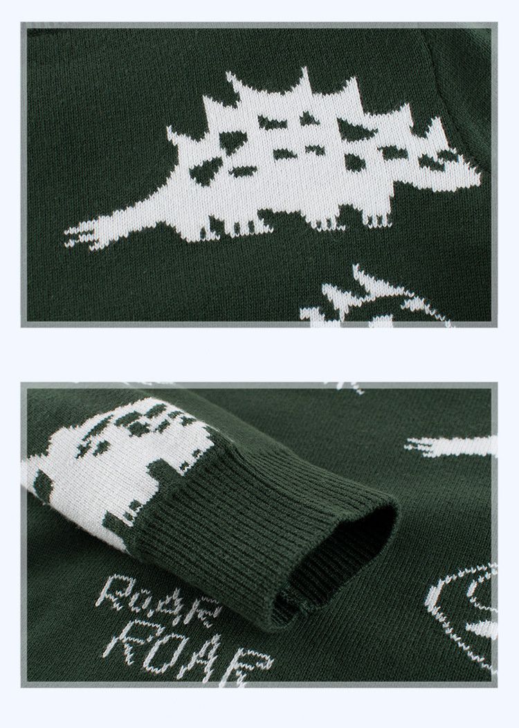 棉質針織長袖毛衣-線條恐龍樂園-深藍色