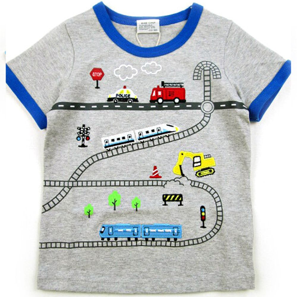 日本服飾代購 - (剩95)純棉刺繡X印花短袖上衣-忙碌交通車-雜灰