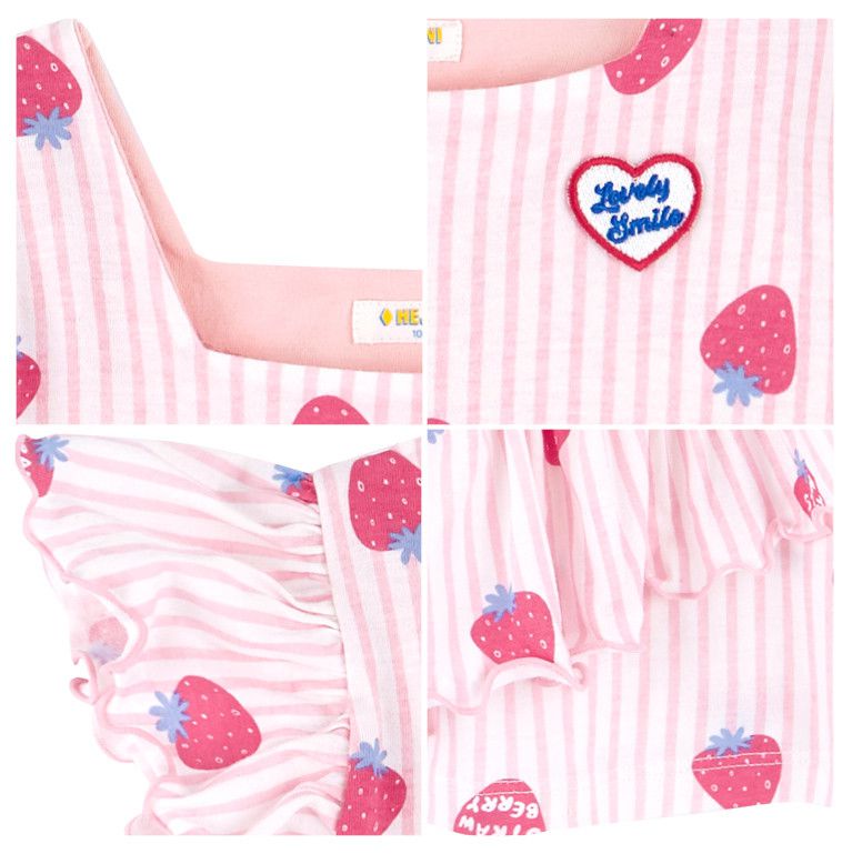 韓國 HEJMINI - 荷葉袖直條紋草莓高腰洋裝-粉紅