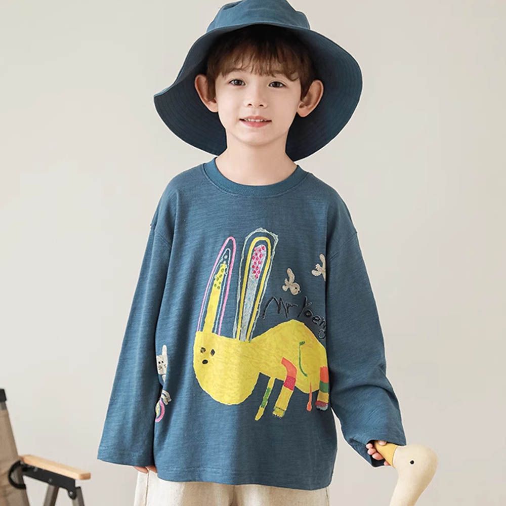 純棉竹節紋圓領落肩長袖上衣-抽象塗鴉-藍色