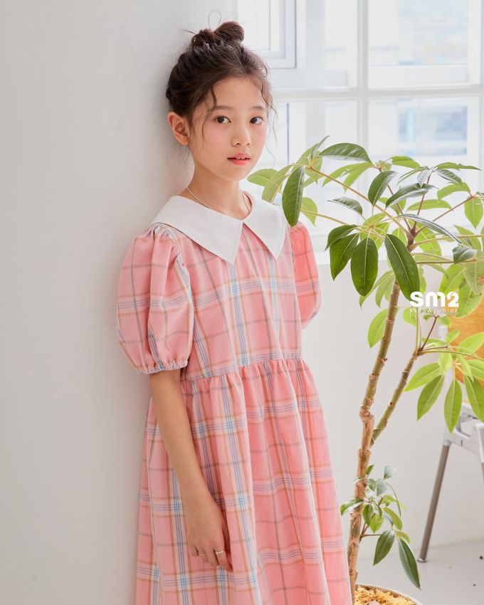 韓國 sm2 - Lovely印花泡泡袖洋裝-格紋-粉