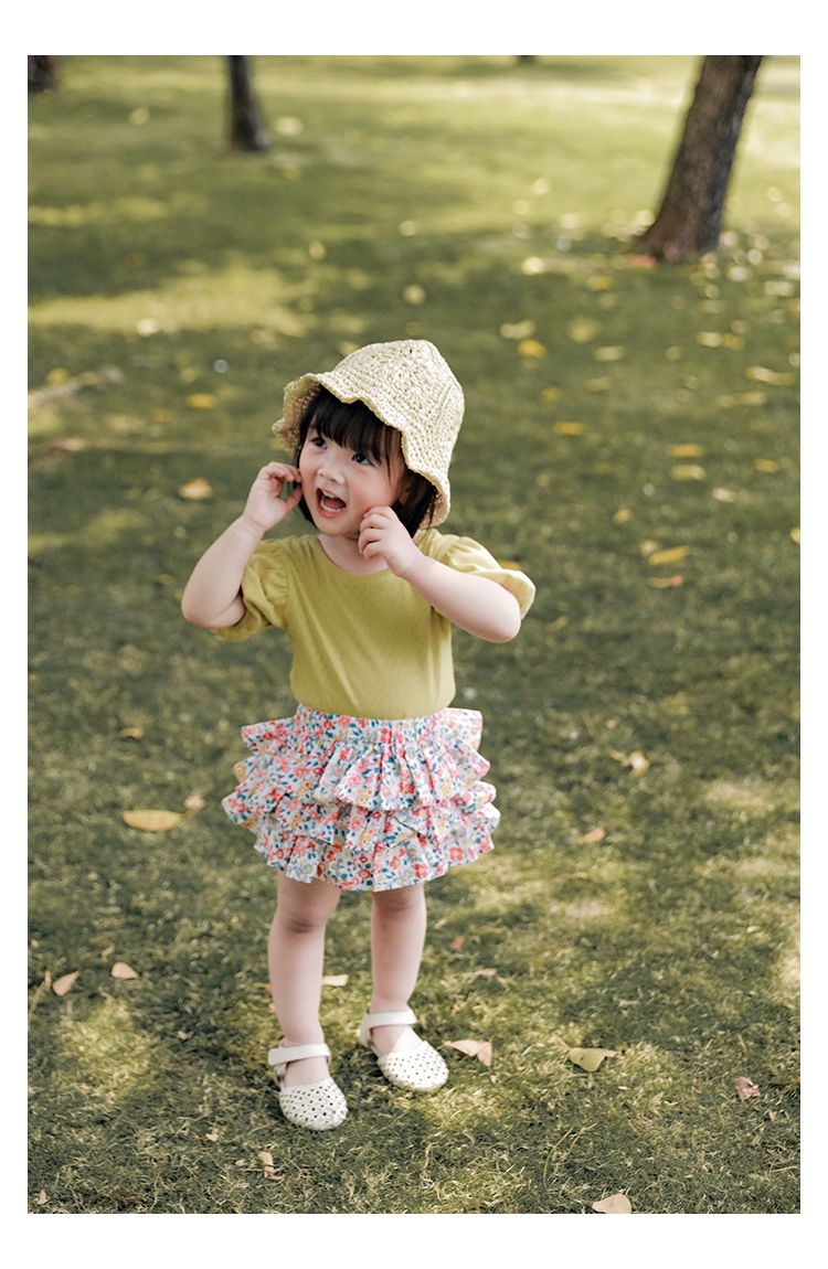 鳥眼簍空泡泡袖上衣-黃色