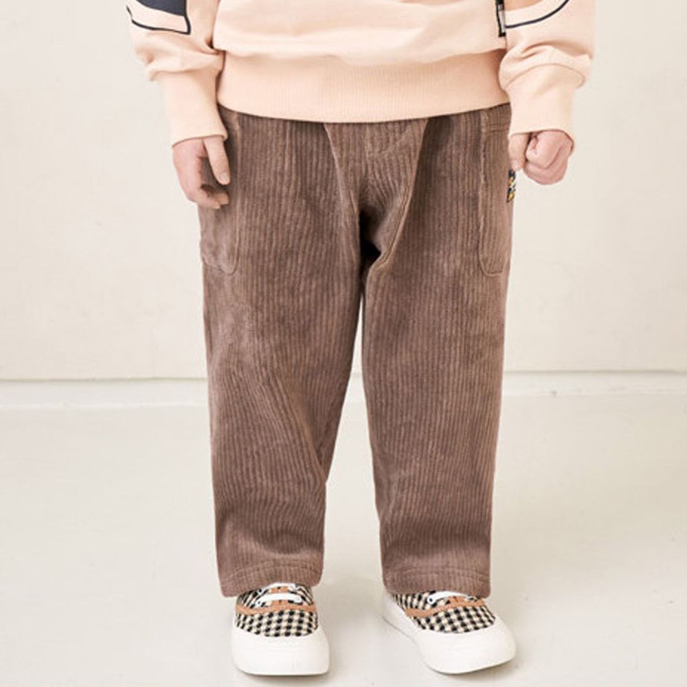 韓國 Jelispoon - 雙側口袋燈芯絨鬆緊褲頭長褲-咖啡