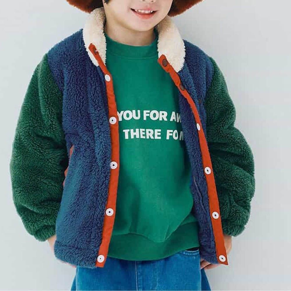 繽紛感印花絨毛保暖外套-撞色-藍X綠