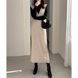 日本 GRL - 木耳羅紋立領長袖+毛衣背心裙(2件組)-黑x卡其