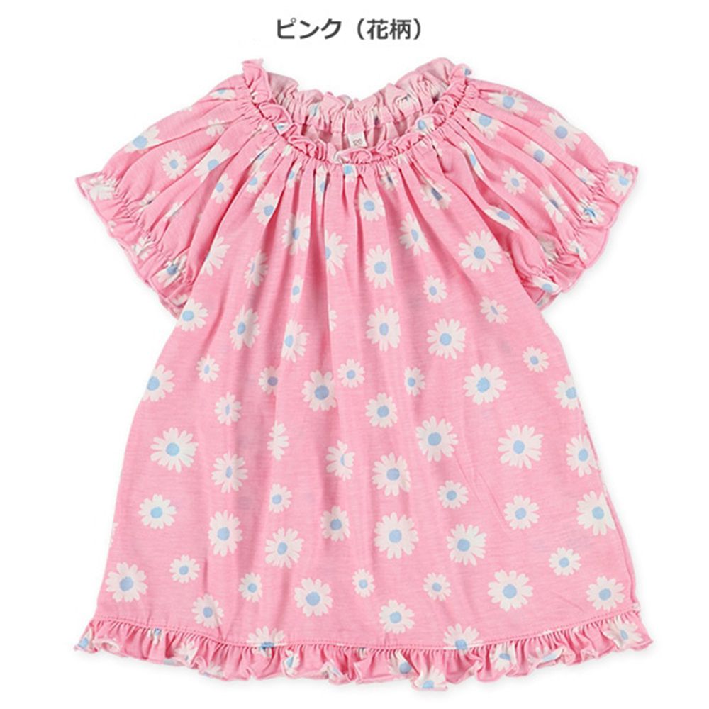 柔軟皺摺滿版印花短袖上衣-小花-粉紅