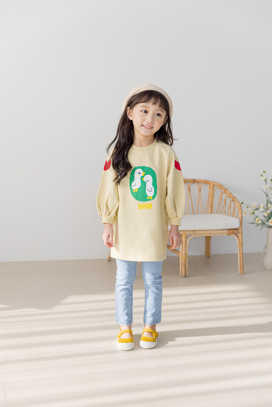 韓國 Orange Mom - 兩隻鴨鴨泡泡袖長版T-鵝黃