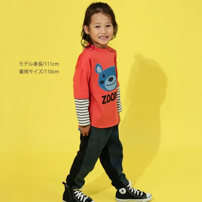 日本 ZOOLAND - 丹寧風小熊長袖上衣-假二件袖-紅