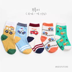 韓國南大門童裝 - (五入組)韓製兒童中筒襪-交通工具