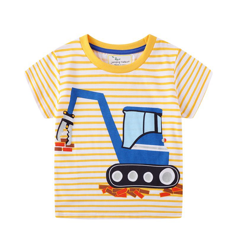 Jumping meters - 棉質圓領條紋短袖上衣-搬磚工程車-黃+白