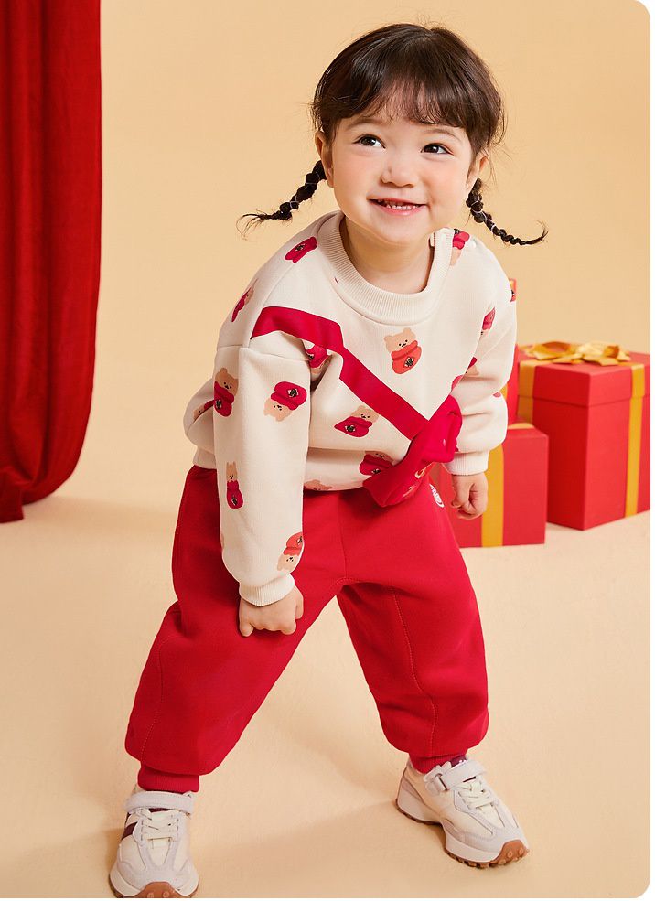 加絨喜氣洋洋長袖上衣-福氣熊熊-紅色